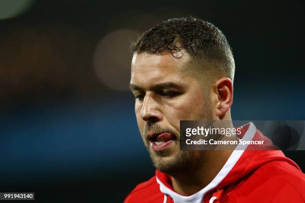 Lance Franklin of the Swans looks on during warm up prior to the round 16 AFL match between the Sydney Swans and the Geelong Cats at Sydney Cricket...