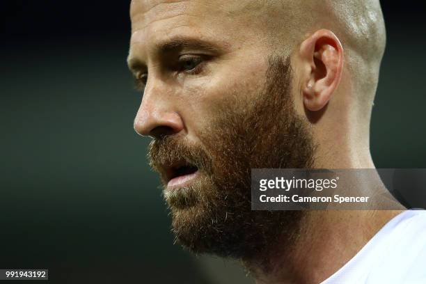 Jarrad McVeigh of the Swans looks on during warm up prior to the round 16 AFL match between the Sydney Swans and the Geelong Cats at Sydney Cricket...