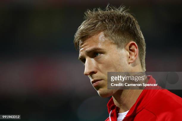Kieren Jack of the Swans looks on during warm up prior to the round 16 AFL match between the Sydney Swans and the Geelong Cats at Sydney Cricket...