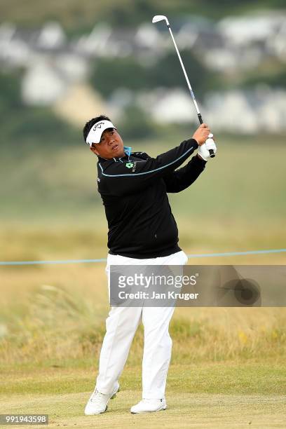 Kiradech Aphibarnrat of Thailand plays his second shot on the 10th hole during day one of the Dubai Duty Free Irish Open at Ballyliffin Golf Club on...