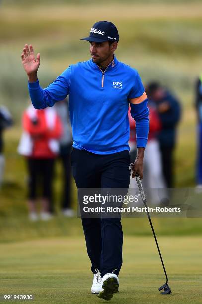 Rafa Cabrera Bello of Spain acknowledges the crowd after making birdie on the 10th during day one of the Dubai Duty Free Irish Open at Ballyliffin...