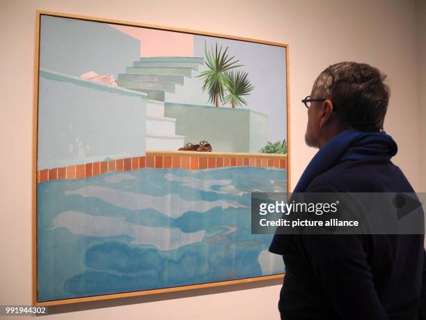 Visitor stands in front of David Hockney's "Pool and Steps, Le Nid du Duc" painting at the Metropolitan Museum of Art in New York, USA, 20 November...