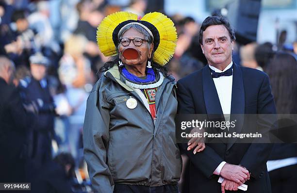 Director Jean-Pierre Dutilleux and tribal chief Raoni Metuktire attend the 'On Tour' Premiere at the Palais des Festivals during the 63rd Annual...