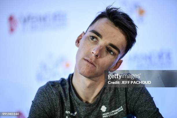 France's Romain Bardet attends a press conference of France's AG2R La Mondiale cycling team on July 5, 2018 in Mouilleron-le-Captif, western France,...