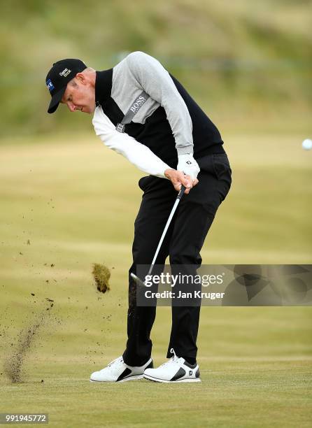 Mikko Ilonen of Finland plays his second shot on the 10th hole during day one of the Dubai Duty Free Irish Open at Ballyliffin Golf Club on July 5,...