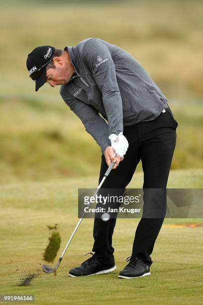Ryan Fox of New Zealand plays his second shot on the 10th hole during day one of the Dubai Duty Free Irish Open at Ballyliffin Golf Club on July 5,...