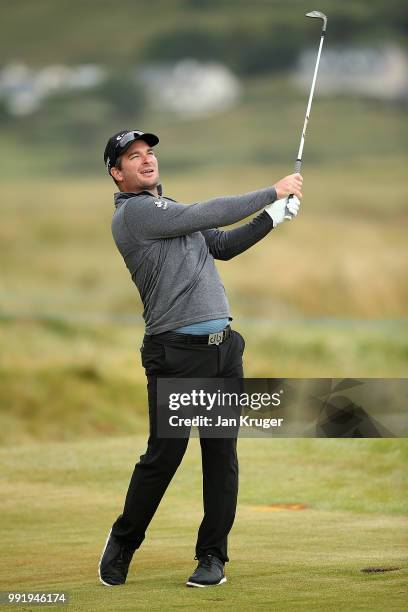 Ryan Fox of New Zealand plays his second shot on the 10th hole during day one of the Dubai Duty Free Irish Open at Ballyliffin Golf Club on July 5,...