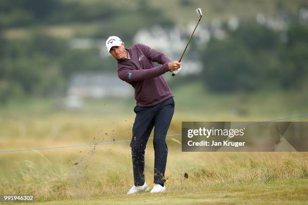 Nicolas Colsaerts of Belgium plays his second shot on the 10th hole during day one of the Dubai Duty Free Irish Open at Ballyliffin Golf Club on July...