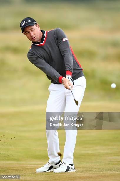Brett Rumford of Australia plays his second shot on the 10th hole during day one of the Dubai Duty Free Irish Open at Ballyliffin Golf Club on July...