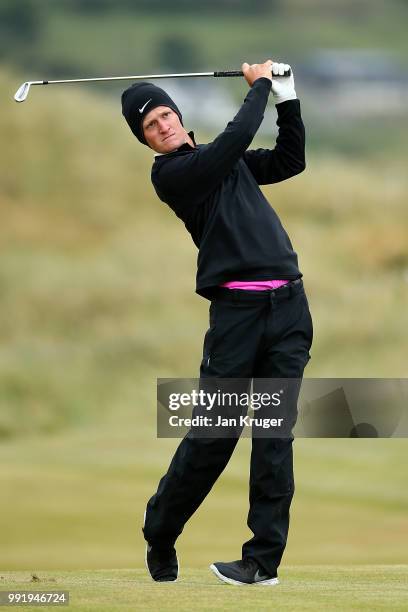 Marcus Kinhult of Sweden plays his second shot on the 10th hole during day one of the Dubai Duty Free Irish Open at Ballyliffin Golf Club on July 5,...