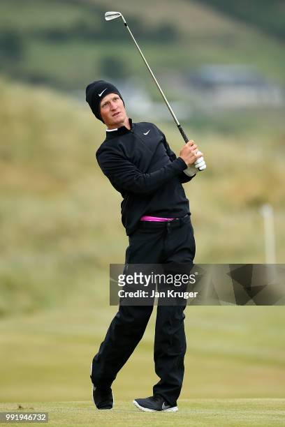 Marcus Kinhult of Sweden plays his second shot on the 10th hole during day one of the Dubai Duty Free Irish Open at Ballyliffin Golf Club on July 5,...