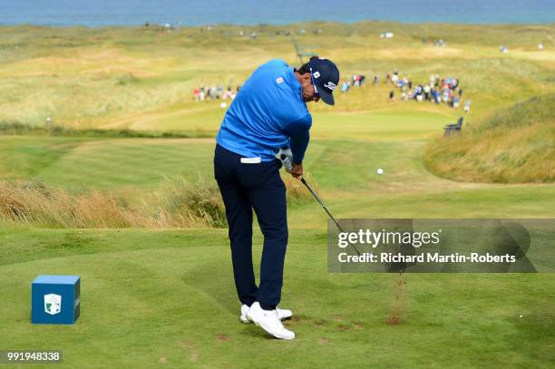 Rafa Cabrera Bello of Spain plays his tee shot on the 14th hole during day one of the Dubai Duty Free Irish Open at Ballyliffin Golf Club on July 5,...