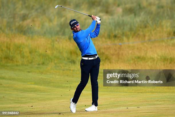 Rafa Cabrera Bello of Spain plays his second shot on the 13th hole during day one of the Dubai Duty Free Irish Open at Ballyliffin Golf Club on July...