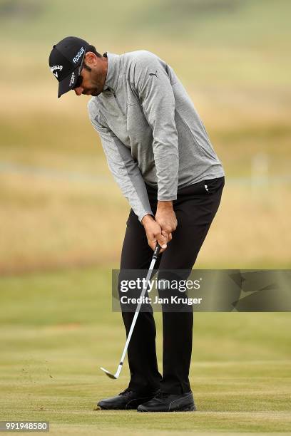 Alvaro Quiros of Spain plays his second shot on the 10th hole during day one of the Dubai Duty Free Irish Open at Ballyliffin Golf Club on July 5,...