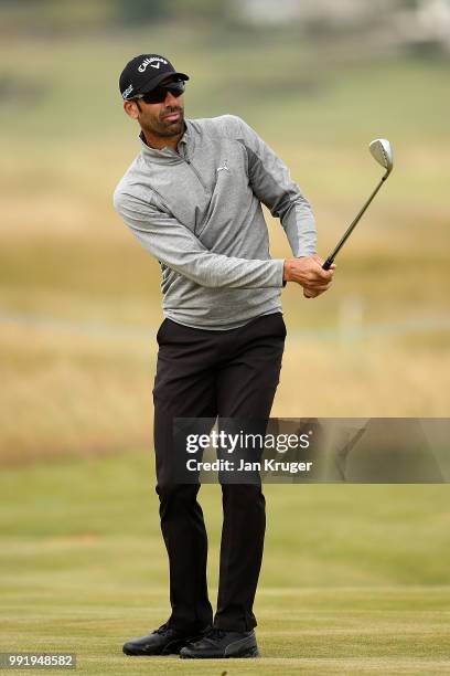 Alvaro Quiros of Spain plays his second shot on the 10th hole during day one of the Dubai Duty Free Irish Open at Ballyliffin Golf Club on July 5,...