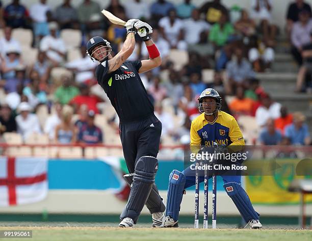 Kevin Pietersen of England hits a six during the semi final of the ICC World Twenty20 between England and Sri Lanka at the Beausjour Cricket Ground...