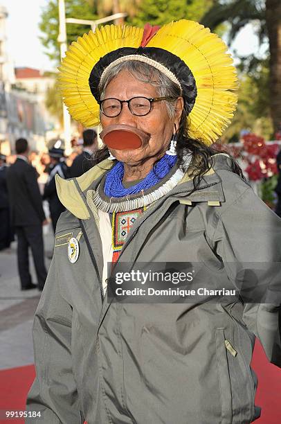 Tribal chief Raoni Metuktire and journalist Patrick Poivre d'Arvor attend the Premiere of 'On Tour' at the Palais des Festivals during the 63rd...