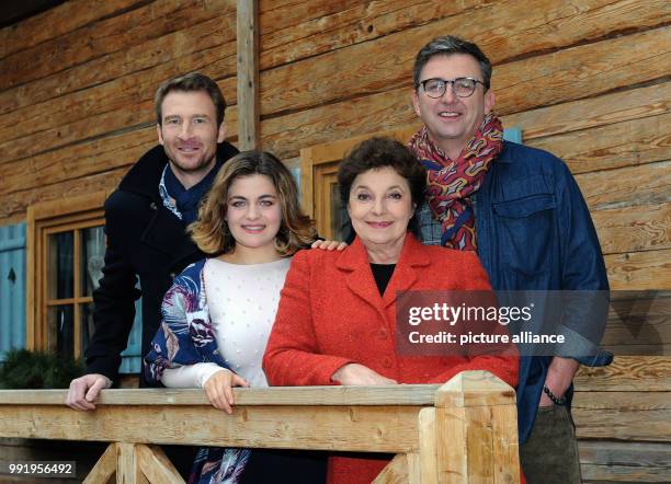 The actors Heiko Ruprecht , Ronja Forcher, Monika Baumgartner and Hans Sigl smile during the press tour 'Zehn Jahre und 100 Folgen - Der Bergdoktor'...