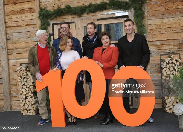 The actors Siegfried Rauch , Hans Sigl, Ronja Forcher, Monika Baumgartner and Mark Keller smile during the press tour 'Zehn Jahre und 100 Folgen -...