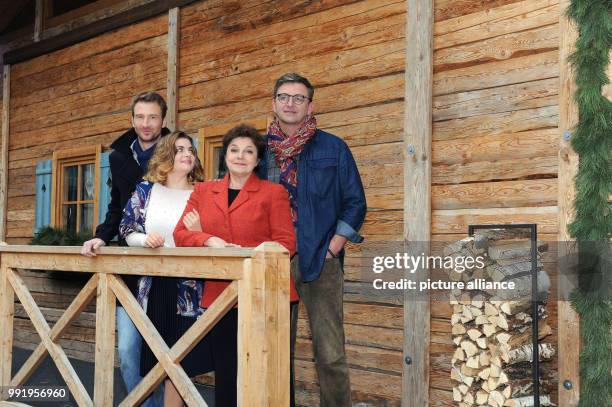 The actors Heiko Ruprecht , Ronja Forcher, Monika Baumgartner and Hans Sigl smile during the press tour 'Zehn Jahre und 100 Folgen - Der Bergdoktor'...