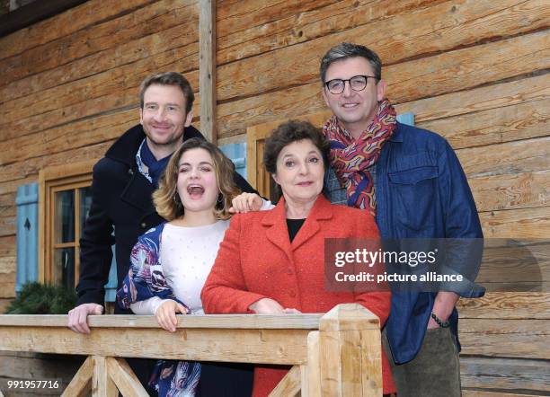 The actors Heiko Ruprecht , Ronja Forcher, Monika Baumgartner and Hans Sigl smile during the press tour 'Zehn Jahre und 100 Folgen - Der Bergdoktor'...