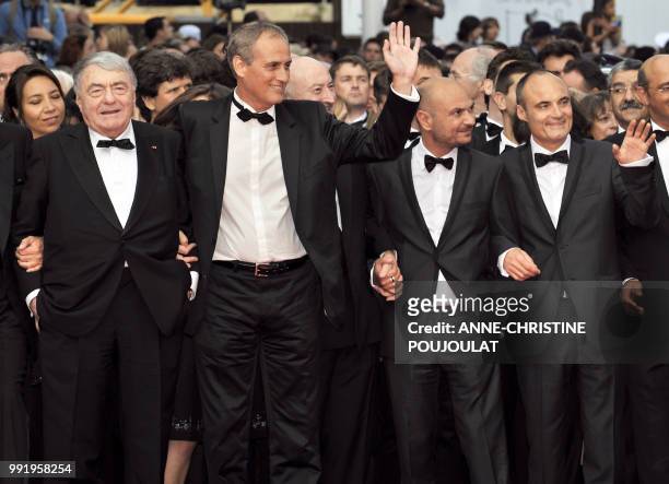 French documentary filmmaker Claude Lanzmann, director Daniel Leconte, Richard Malka, and Philippe Val, journalist, managing editor and chief editor...
