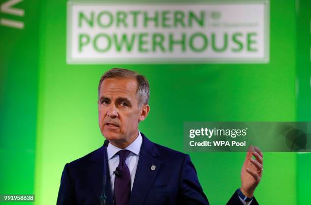 Mark Carney, Governor of Bank of England, wearing a three lions lapel pin, addresses the Northern Powerhouse Business Summit Boiler Shop on July 5,...