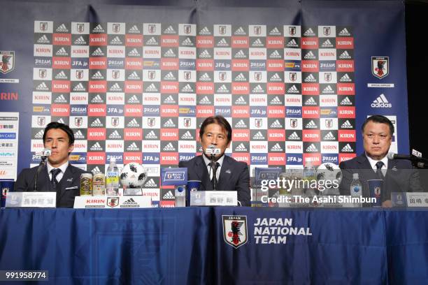 Head coach Akira Nishino , Japan Football Association President Kozo Tashima and captain Makoto Hasebe of Japan attend a press conference after the...