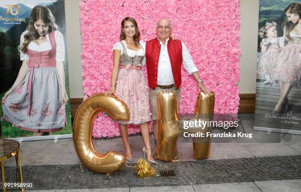 Axel Munz and Cathy Hummels during the Cathy Hummels by Angermaier collection presentation at Titanic Hotel on July 5, 2018 in Berlin, Germany.