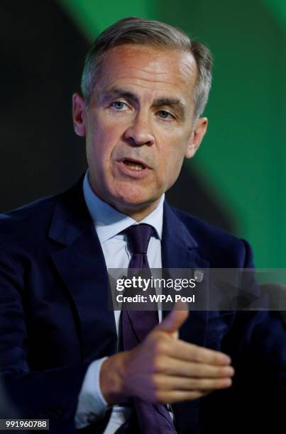 Mark Carney, Governor of Bank of England, wearing a three lions lapel pin, addresses the Northern Powerhouse Business Summit Boiler Shop on July 5,...