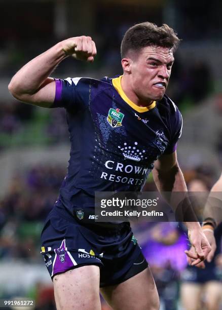 Brodie Croft of the Storm scores a try during the round 17 NRL match between the Melbourne Storm and the St George Illawarra Dragons at AAMI Park on...