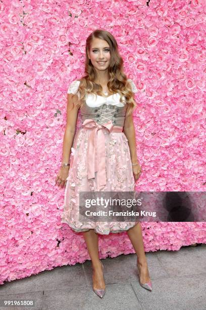 Cathy Hummels poses at the Cathy Hummels by Angermaier collection presentation at Titanic Hotel on July 5, 2018 in Berlin, Germany.