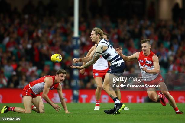 Tom Stewart of the Cats handpasses during the round 16 AFL match between the Sydney Swans and the Geelong Cats at Sydney Cricket Ground on July 5,...