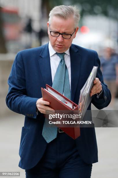 Britain's Environment, Food and Rural Affairs Secretary Michael Gove arrives at the Cabinet Office on Whitehall in central London on July 5, 2018. -...