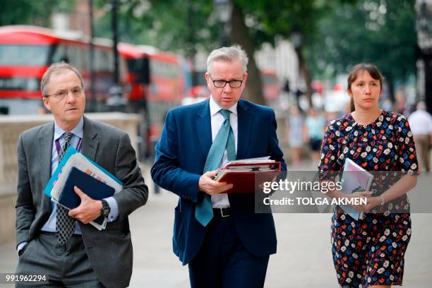 Britain's Environment, Food and Rural Affairs Secretary Michael Gove arrives at the Cabinet Office on Whitehall in central London on July 5, 2018. -...