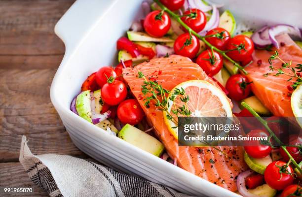 raw fresh delicious salmon and vegetables - cooking oil stock pictures, royalty-free photos & images