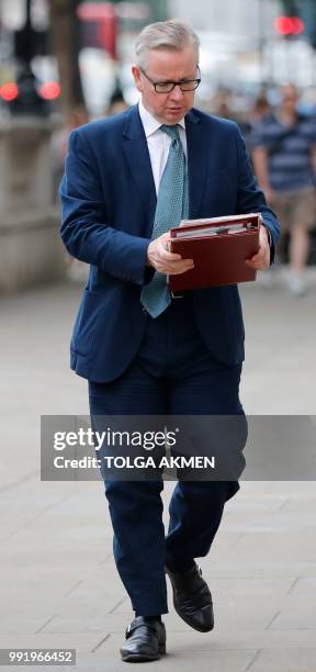 Britain's Environment, Food and Rural Affairs Secretary Michael Gove arrives at the Cabinet Office on Whitehall in central London on July 5, 2018. -...