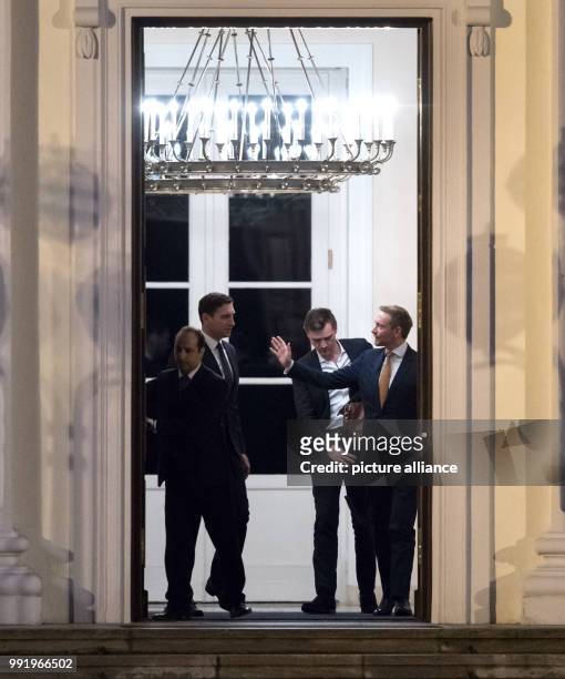 The chairman of the German Free Democratic Party , Christian Lindner , leaves the Bellevue Palace after a meeting with German President Frank-Walter...