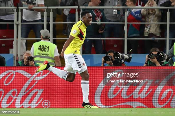 Yerry Mina of Colombia celebrates after he scores during the 2018 FIFA World Cup Russia Round of 16 match between Colombia and England at Spartak...