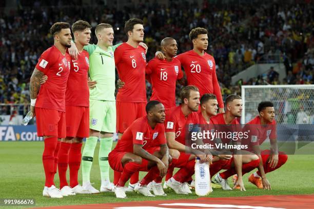 Kyle Walker of England, John Stones of England, goalkeeper Jordan Pickford of England, Harry Maguire of England, Ashley Young of England, Dele Alli...