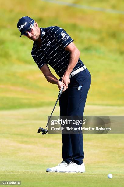 Rafa Cabrera Bello of Spain hits a putt on the 16th hole during day one of the Dubai Duty Free Irish Open at Ballyliffin Golf Club on July 5, 2018 in...