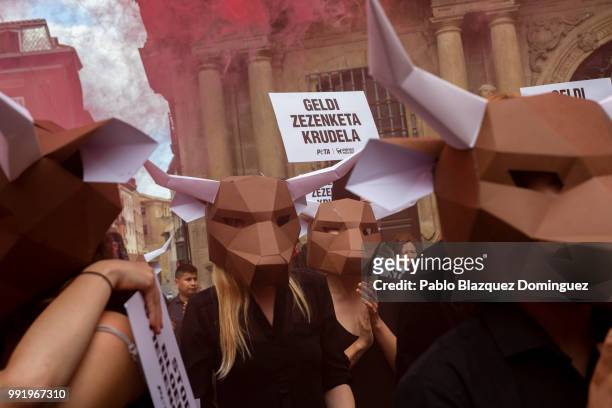 Animal rights activists protest against bullfights ahead of San Fermin Running of the bulls at Plaza Consistorial on July 5, 2018 in Pamplona, Spain....