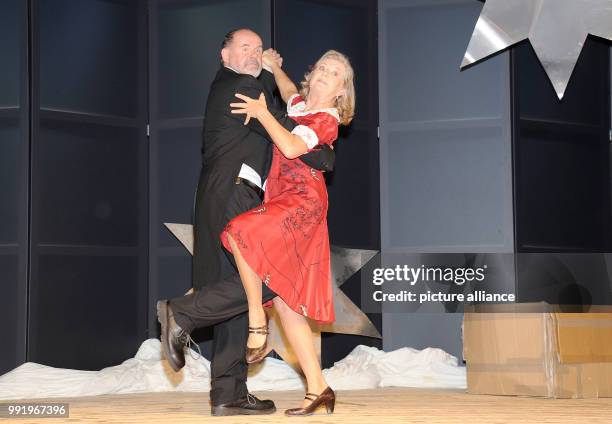 The actors Jutta Speidel and August Schmoelzer stand on stage during the theatre rehearsal 'Maria und Josef' in the Kleine Komoedie im Bayerischen...