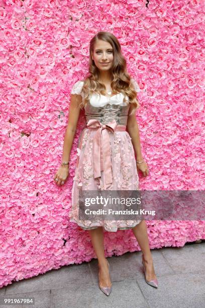 Cathy Hummels poses at the Cathy Hummels by Angermaier collection presentation at Titanic Hotel on July 5, 2018 in Berlin, Germany.