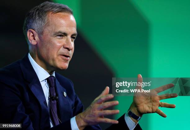 Mark Carney, Governor of Bank of England, wearing a three lions lapel pin, addresses the Northern Powerhouse Business Summit Boiler Shop on July 5,...