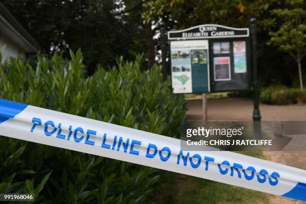 Police cordon is seen at Queen Elizabeth Gardens in Salisbury, southern England, on July 5, 2018 cordoned off in connection with the investigation...