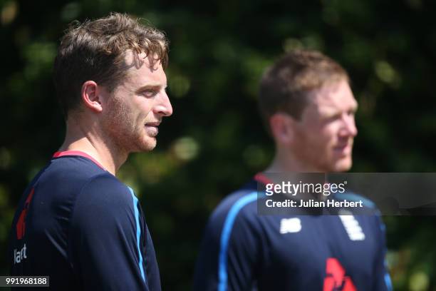 Jos Butler and Eoin Morgan of England look on during a nets session at SWALEC Stadium on July 5, 2018 in Cardiff, Wales.