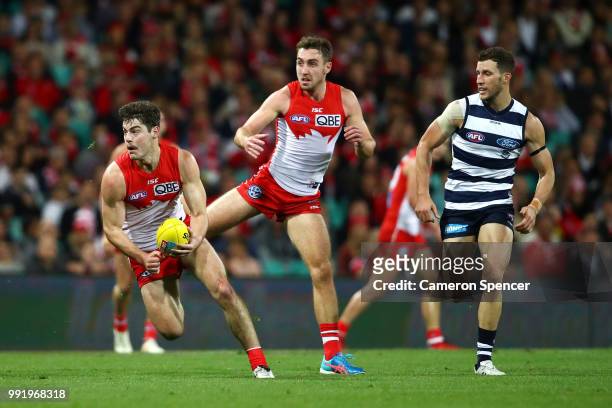George Hewett of the Swans handpasses during the round 16 AFL match between the Sydney Swans and the Geelong Cats at Sydney Cricket Ground on July 5,...