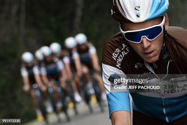 France's Romain Bardet trains with his teammates of France's AG2R La Mondiale cycling team on July 5, 2018 near Mouilleron-le-Captif, western France,...