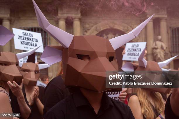 Animal rights activists protest against bullfights ahead of San Fermin Running of the bulls at Plaza Consistorial on July 5, 2018 in Pamplona, Spain....